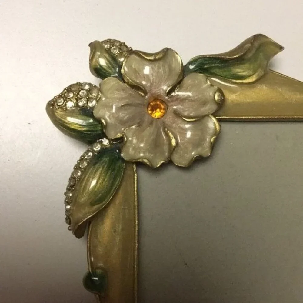 Vintage Gold Floral Picture Frame With Rhinestone Accents & Jeweled Flowers